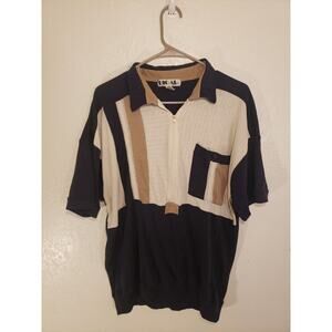 Big Al Exxus Waistband Polo T-Shirt Deep V Zipper Blue Tan White Mens 1X XL